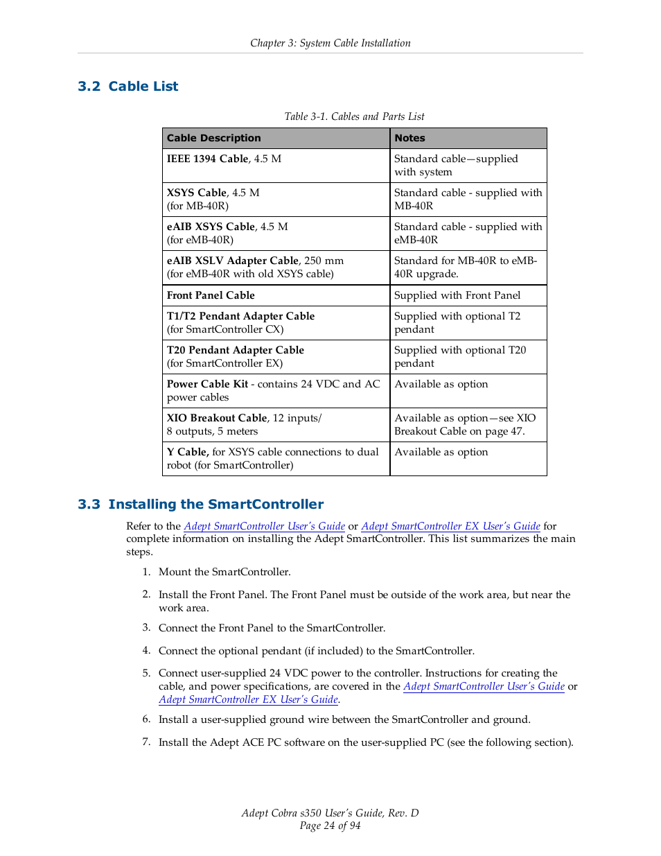2 cable list, 3 installing the smartcontroller | Adept s350 Cobra User Manual | Page 24 / 94