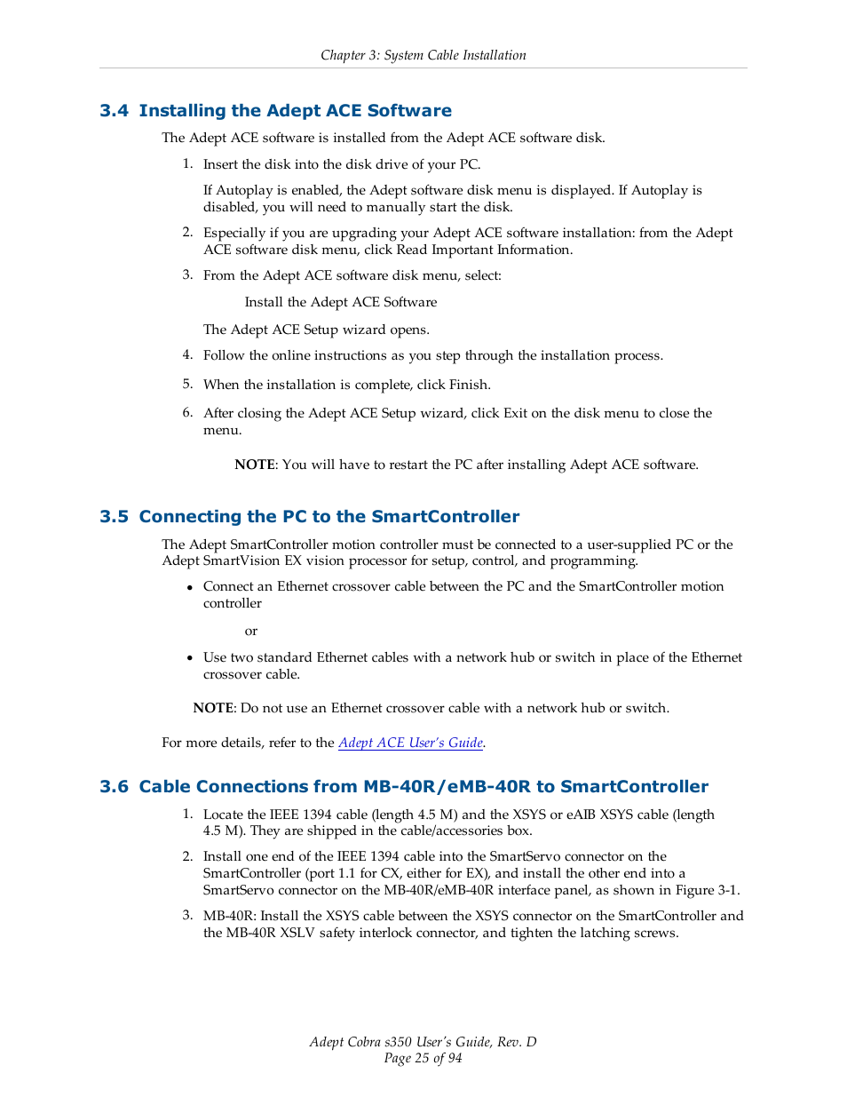 4 installing the adept ace software, 5 connecting the pc to the smartcontroller | Adept s350 Cobra User Manual | Page 25 / 94
