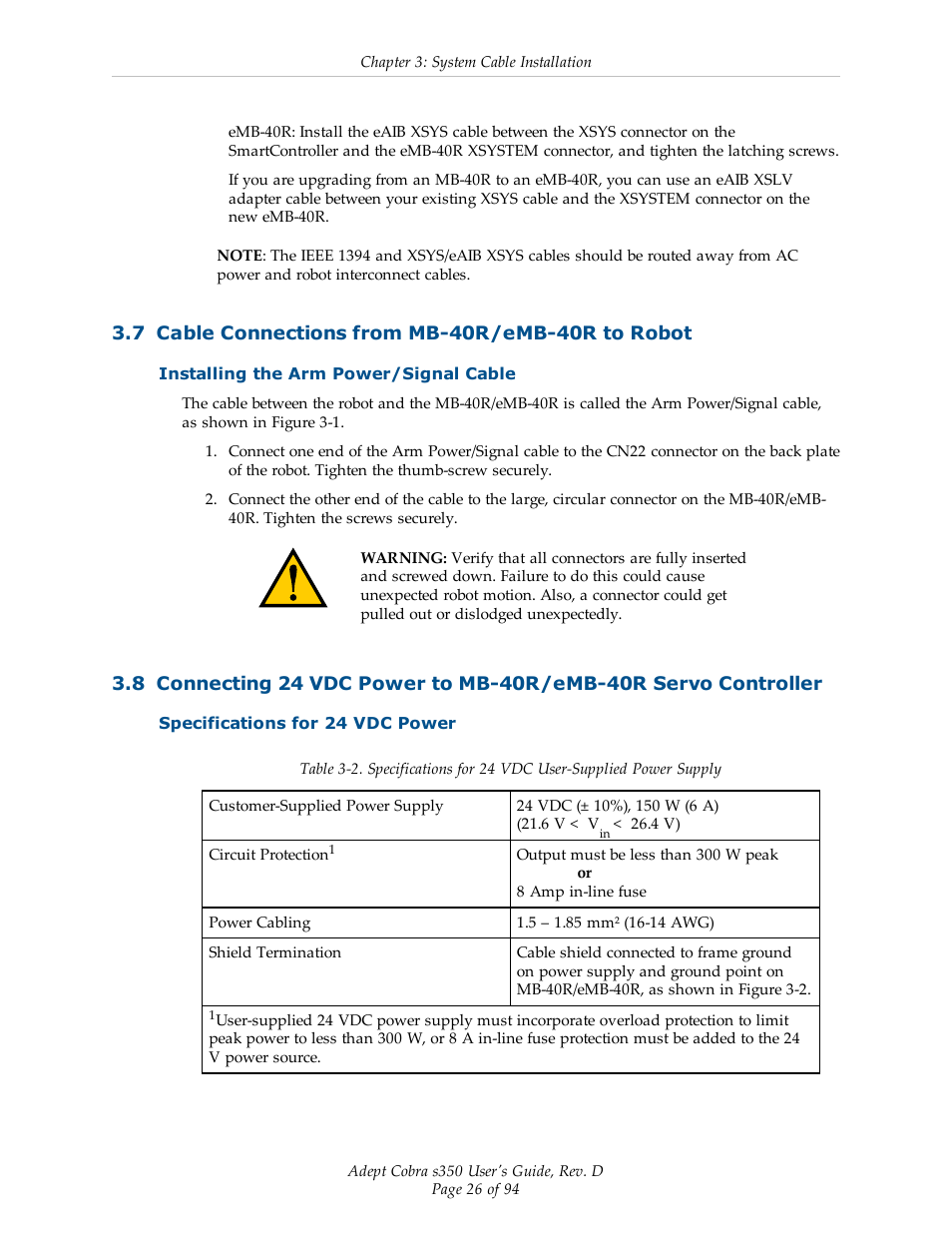 7 cable connections from mb-40r/emb-40r to robot, Installing the arm power/signal cable, Specifications for 24 vdc power | Adept s350 Cobra User Manual | Page 26 / 94