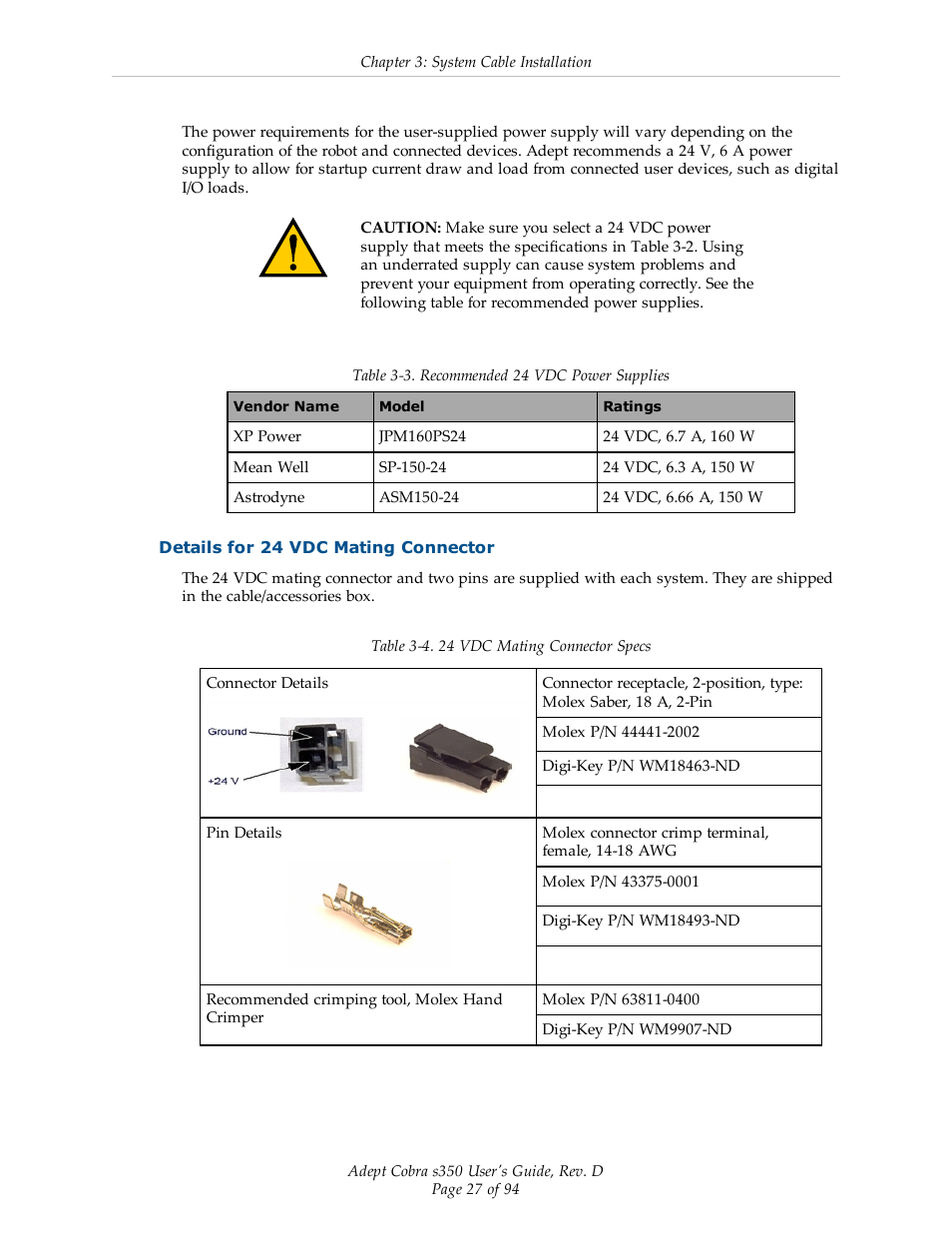 Details for 24 vdc mating connector | Adept s350 Cobra User Manual | Page 27 / 94