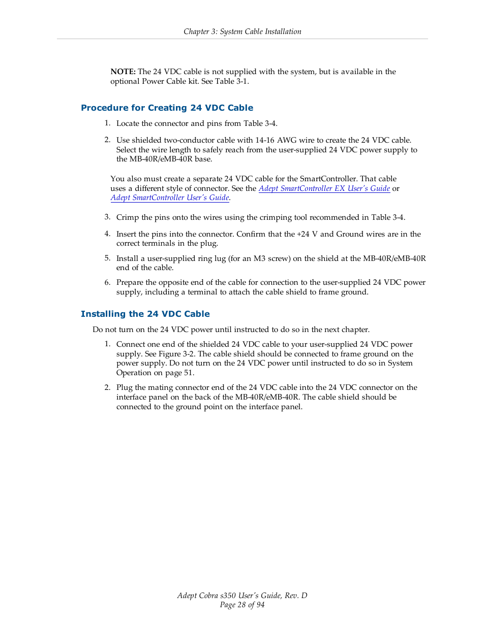 Procedure for creating 24 vdc cable, Installing the 24 vdc cable | Adept s350 Cobra User Manual | Page 28 / 94