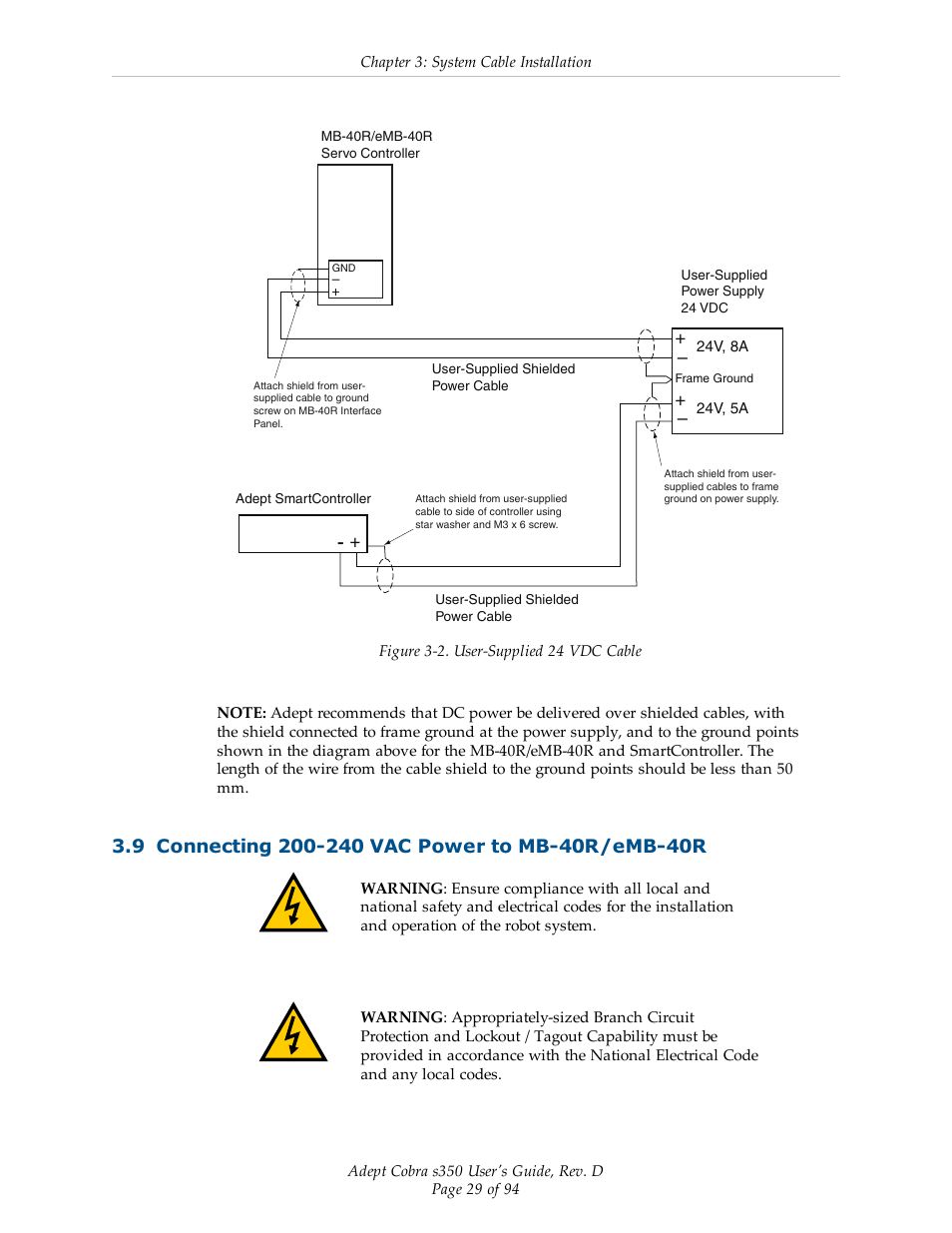 9 connecting 200-240 vac power to mb-40r/emb-40r, Figure 3-2 | Adept s350 Cobra User Manual | Page 29 / 94