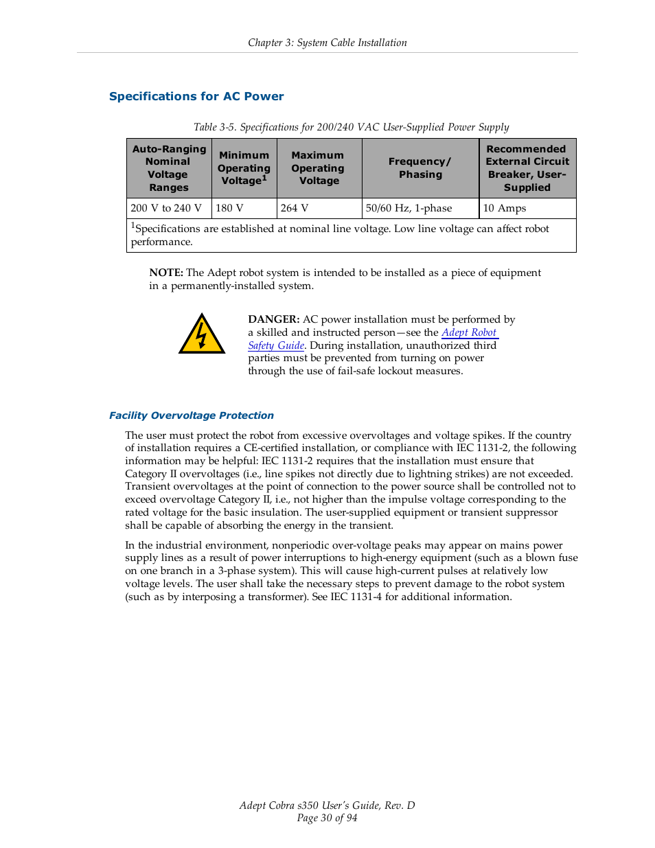 Specifications for ac power | Adept s350 Cobra User Manual | Page 30 / 94