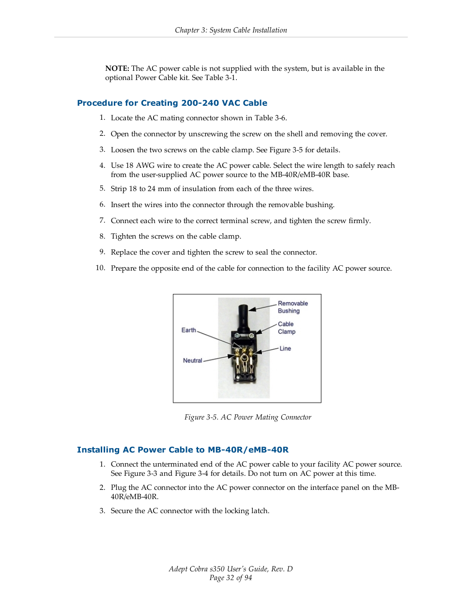 Procedure for creating 200-240 vac cable, Installing ac power cable to mb-40r/emb-40r | Adept s350 Cobra User Manual | Page 32 / 94