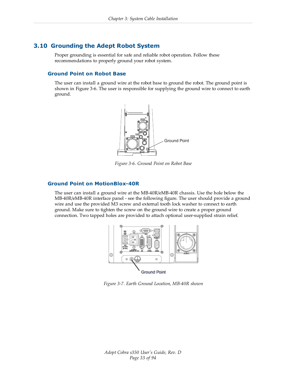 10 grounding the adept robot system, Ground point on robot base, Ground point on motionblox-40r | Adept s350 Cobra User Manual | Page 33 / 94