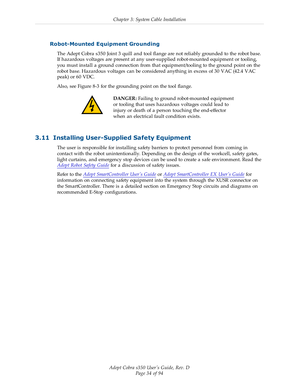 Robot-mounted equipment grounding, 11 installing user-supplied safety equipment | Adept s350 Cobra User Manual | Page 34 / 94
