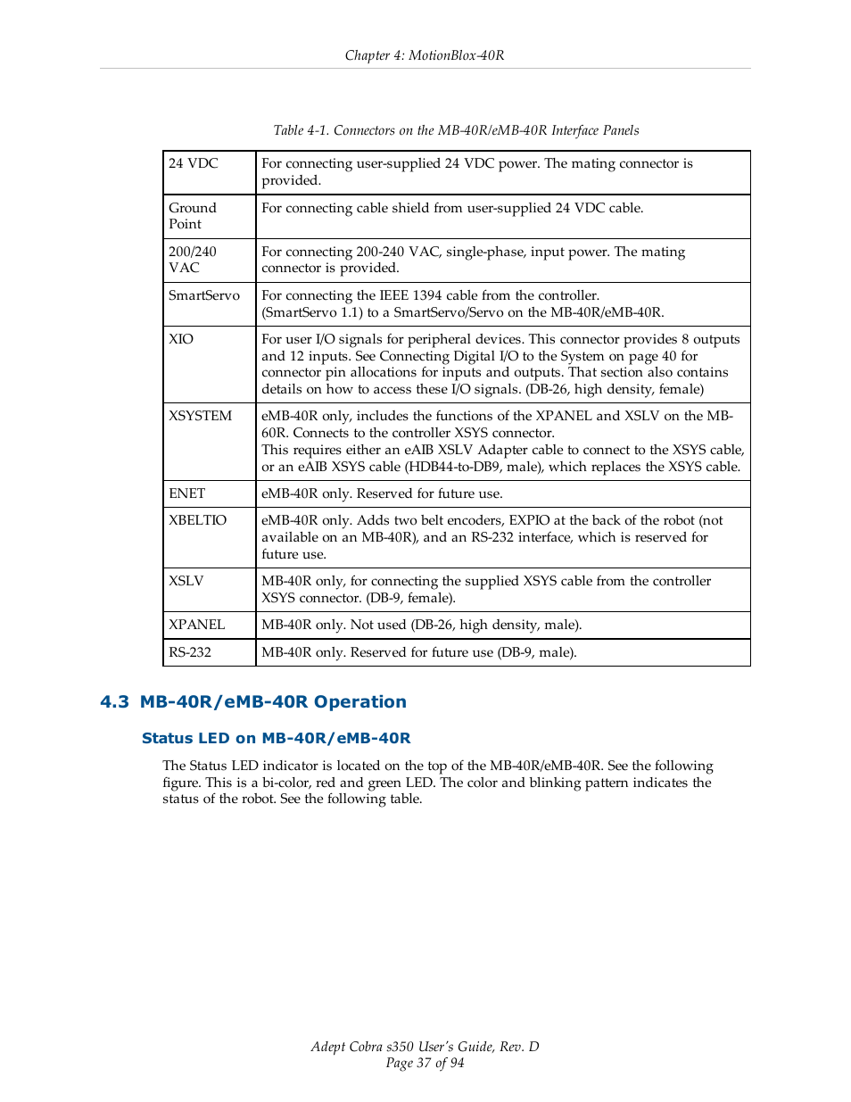 3 mb-40r/emb-40r operation, Status led on mb-40r/emb-40r | Adept s350 Cobra User Manual | Page 37 / 94