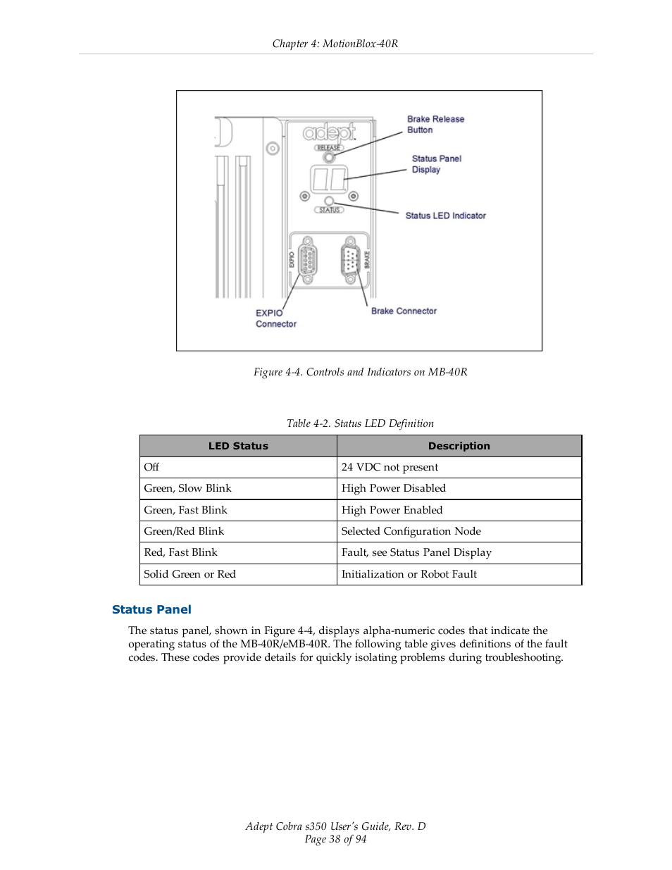 Status panel | Adept s350 Cobra User Manual | Page 38 / 94