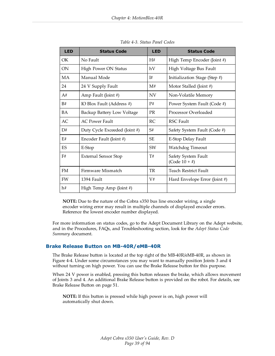 Brake release button on mb-40r/emb-40r | Adept s350 Cobra User Manual | Page 39 / 94