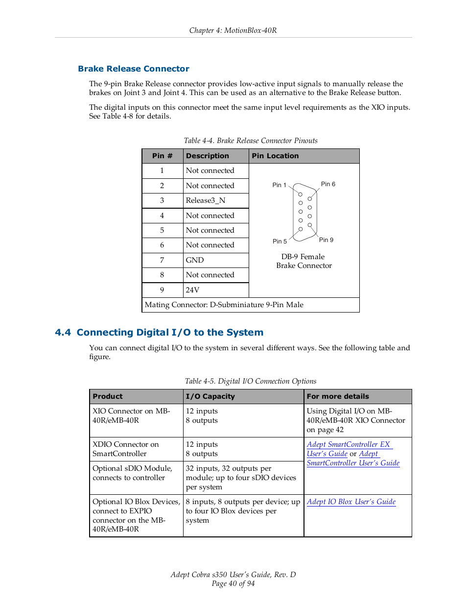 Brake release connector, 4 connecting digital i/o to the system | Adept s350 Cobra User Manual | Page 40 / 94