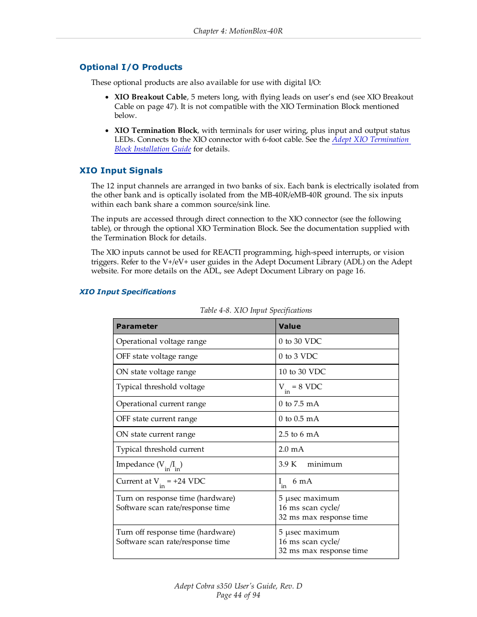 Optional i/o products, Xio input signals | Adept s350 Cobra User Manual | Page 44 / 94