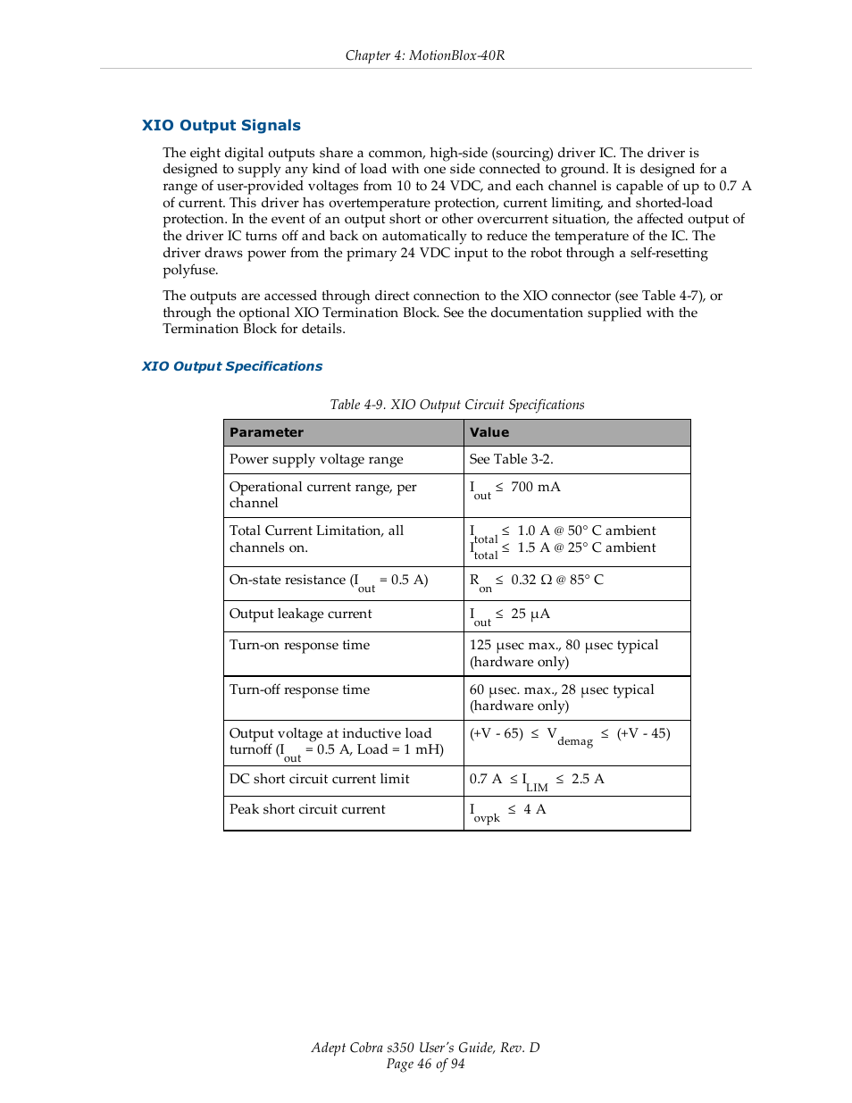 Xio output signals | Adept s350 Cobra User Manual | Page 46 / 94
