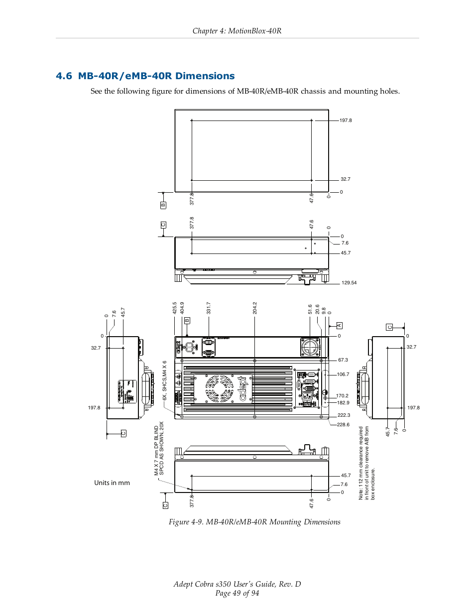 6 mb-40r/emb-40r dimensions, Chapter 4: motionblox-40r, Units in mm | Adept s350 Cobra User Manual | Page 49 / 94
