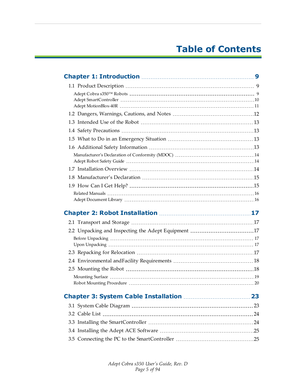 Adept s350 Cobra User Manual | Page 5 / 94