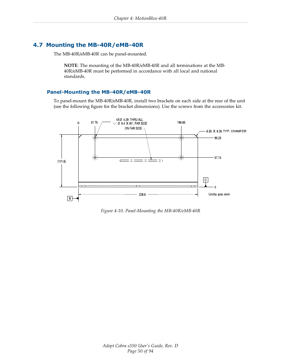 7 mounting the mb-40r/emb-40r, Panel-mounting the mb-40r/emb-40r | Adept s350 Cobra User Manual | Page 50 / 94