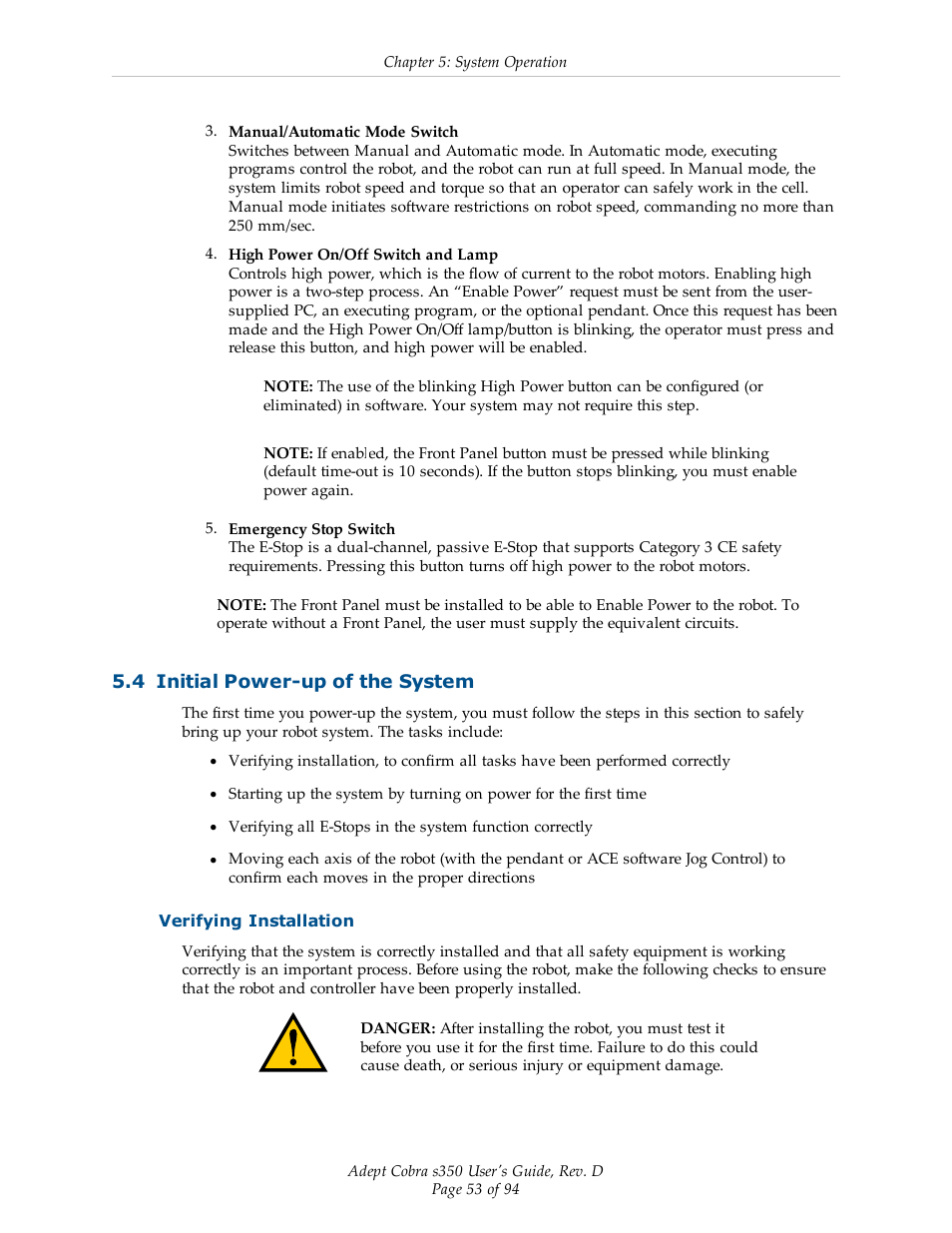 4 initial power-up of the system, Verifying installation | Adept s350 Cobra User Manual | Page 53 / 94