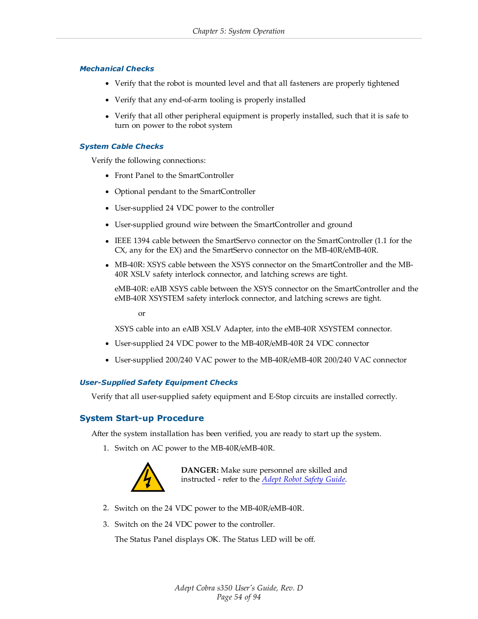 System start-up procedure | Adept s350 Cobra User Manual | Page 54 / 94