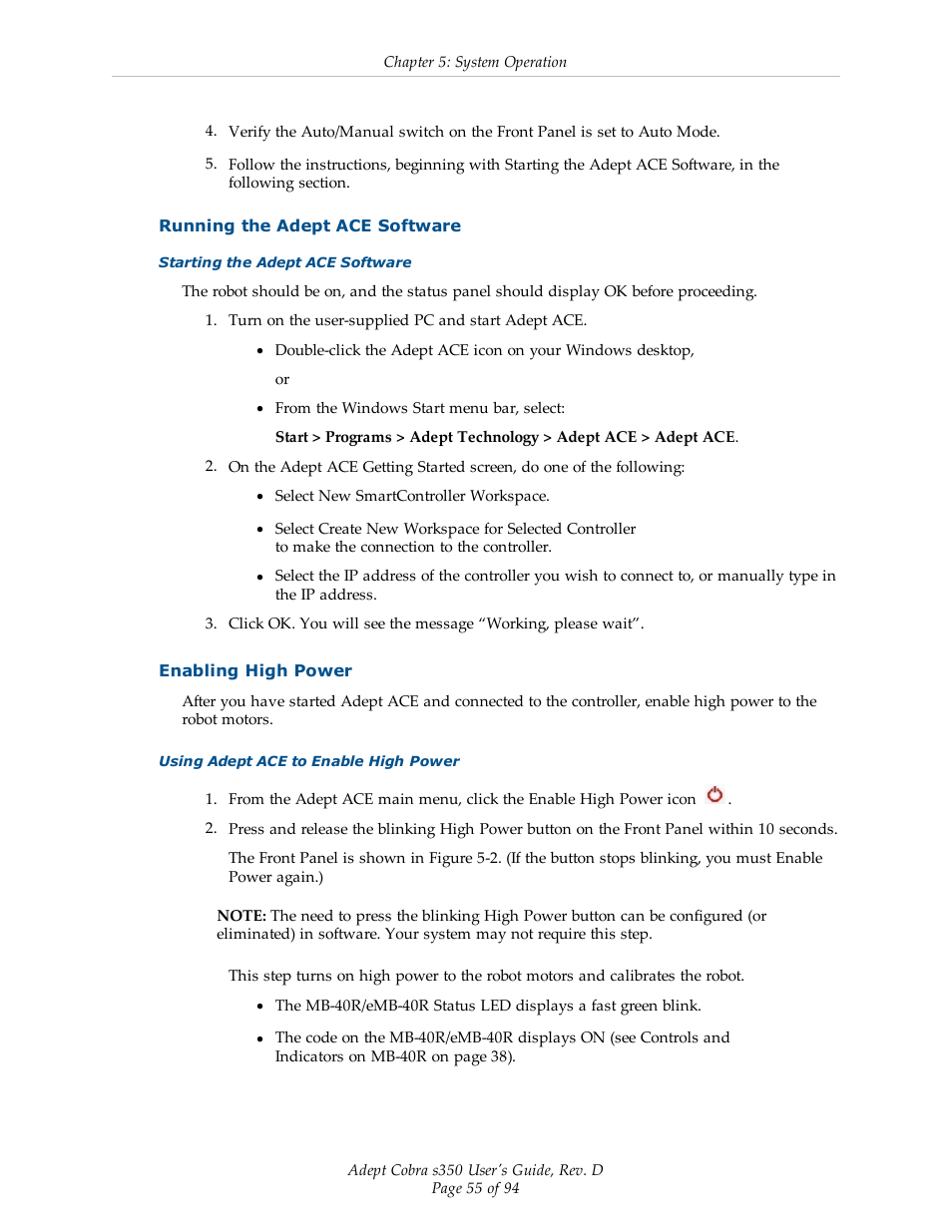Running the adept ace software, Enabling high power | Adept s350 Cobra User Manual | Page 55 / 94