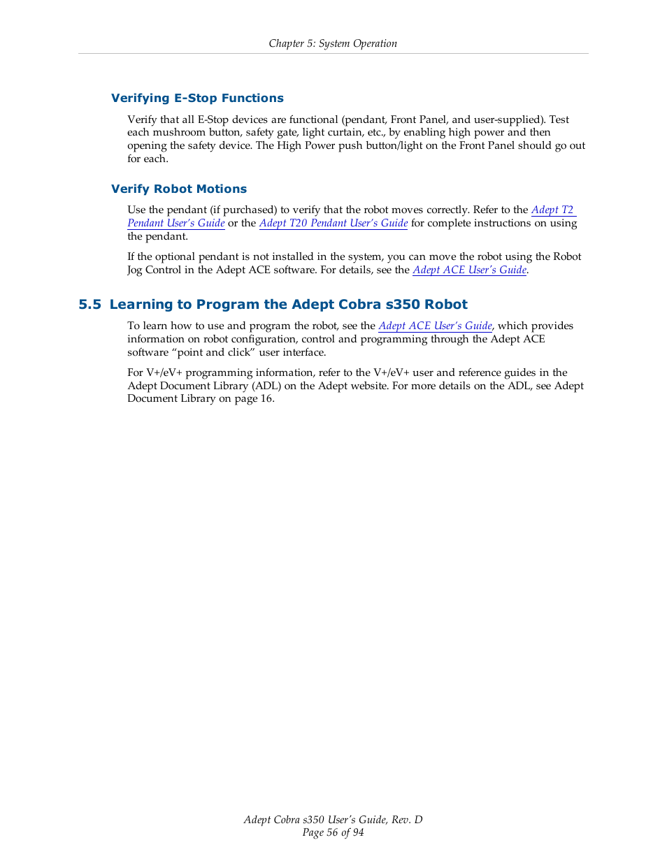 Verifying e-stop functions, Verify robot motions, 5 learning to program the adept cobra s350 robot | Adept s350 Cobra User Manual | Page 56 / 94