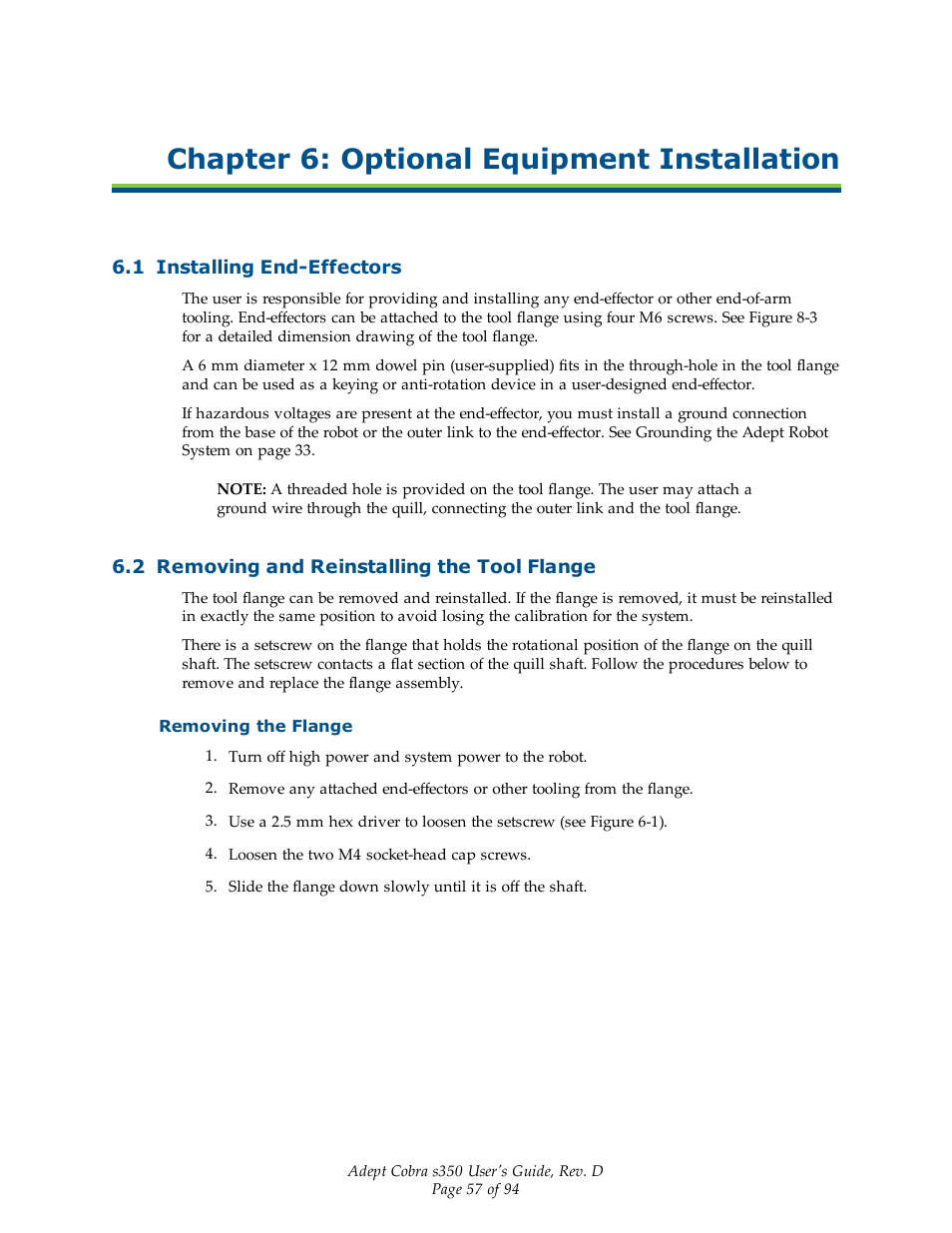 Chapter 6: optional equipment installation, 1 installing end-effectors, 2 removing and reinstalling the tool flange | Removing the flange | Adept s350 Cobra User Manual | Page 57 / 94