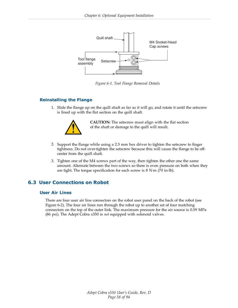 Reinstalling the flange, 3 user connections on robot, User air lines | Adept s350 Cobra User Manual | Page 58 / 94