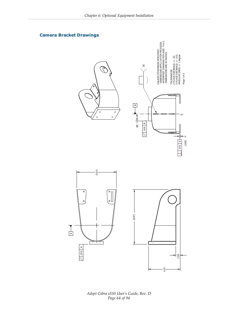 Camera bracket drawings, Chapter 6: optional equipment installation | Adept s350 Cobra User Manual | Page 64 / 94