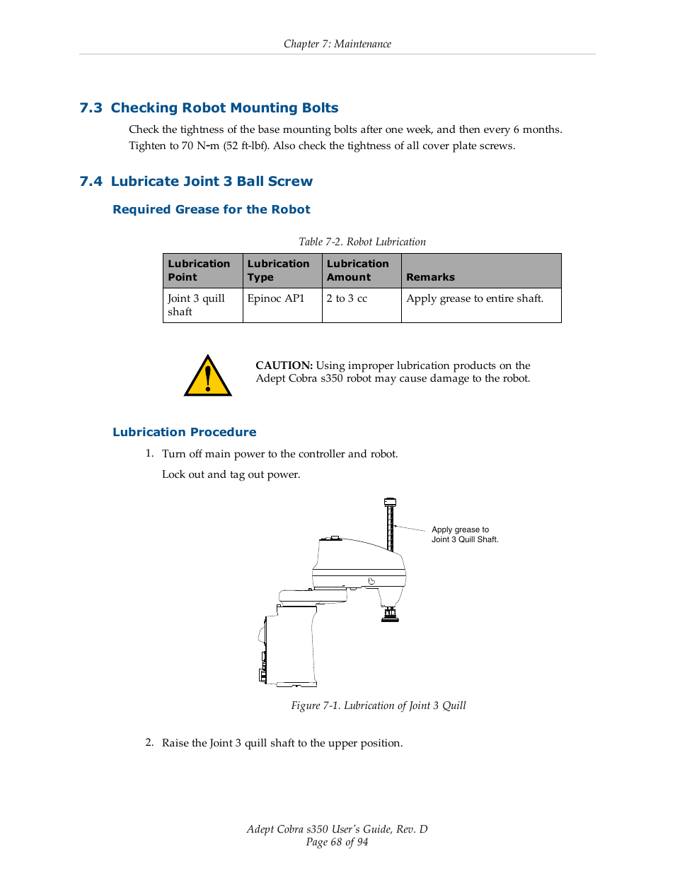 3 checking robot mounting bolts, 4 lubricate joint 3 ball screw, Required grease for the robot | Lubrication procedure, Section 7.3, Section 7.4 | Adept s350 Cobra User Manual | Page 68 / 94