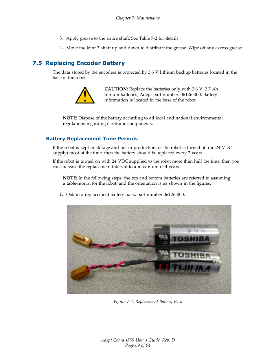 5 replacing encoder battery, Battery replacement time periods, Section 7.5 | Adept s350 Cobra User Manual | Page 69 / 94