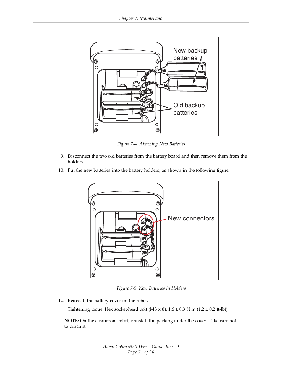 New backup batteries old backup batteries, New connectors | Adept s350 Cobra User Manual | Page 71 / 94