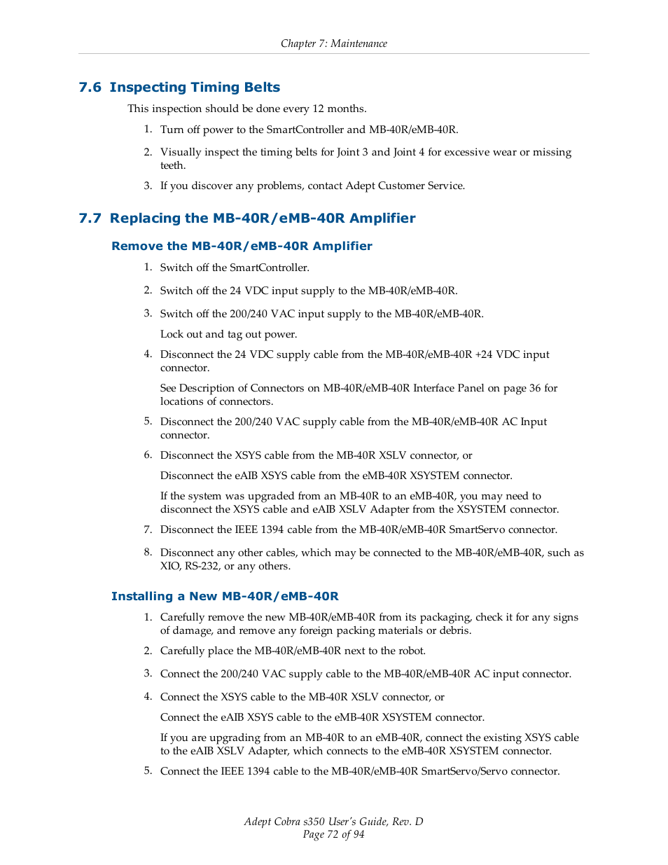 6 inspecting timing belts, 7 replacing the mb-40r/emb-40r amplifier, Remove the mb-40r/emb-40r amplifier | Installing a new mb-40r/emb-40r, Section 7.6 | Adept s350 Cobra User Manual | Page 72 / 94