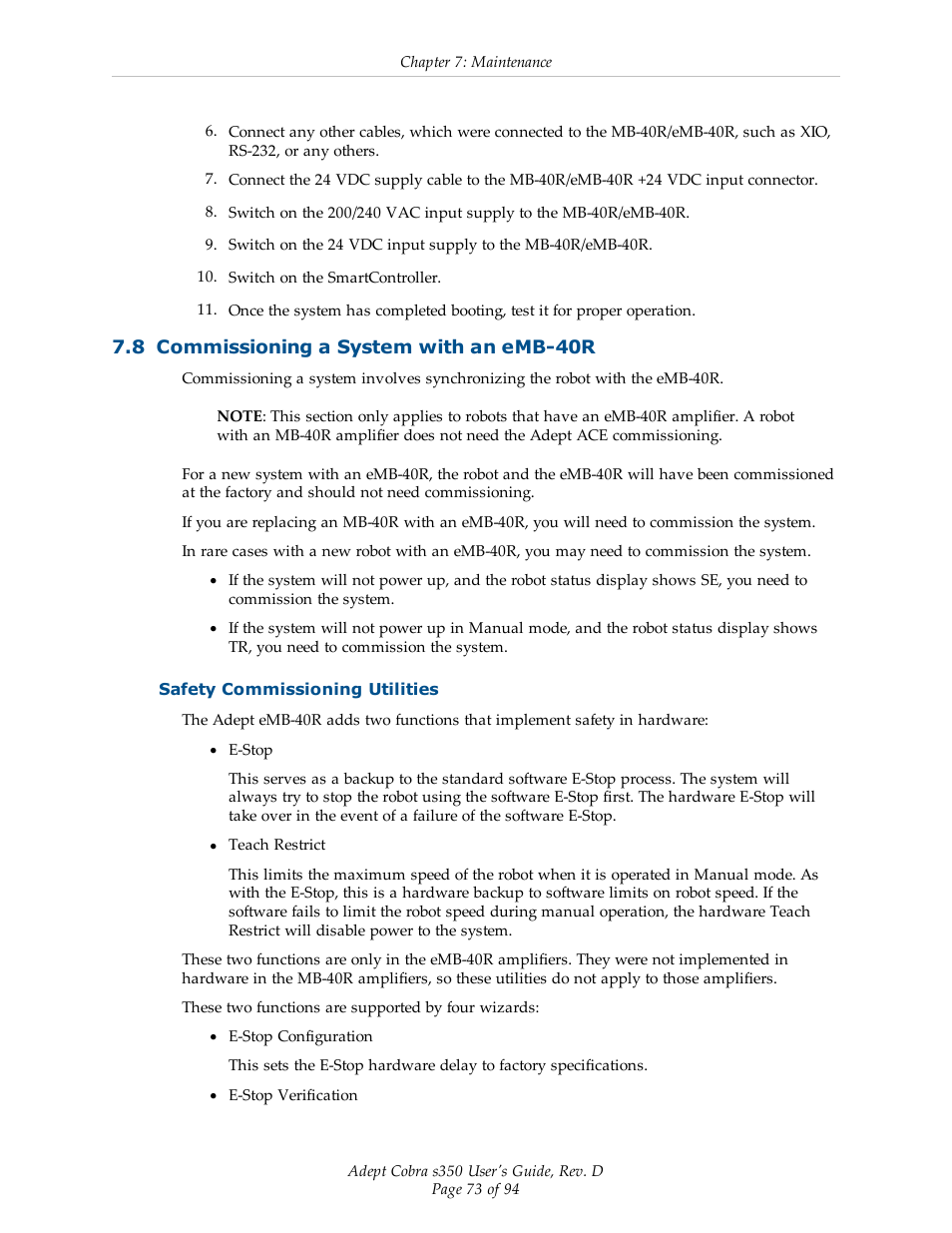 8 commissioning a system with an emb-40r, Safety commissioning utilities | Adept s350 Cobra User Manual | Page 73 / 94
