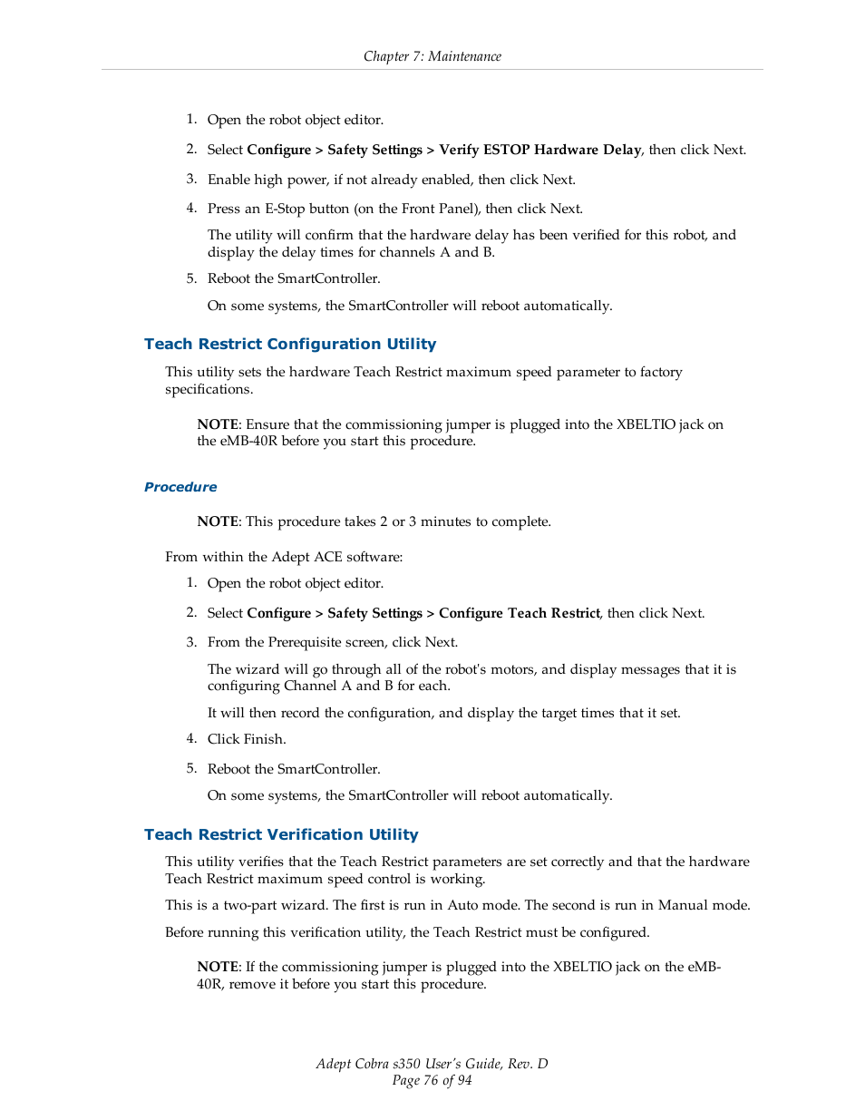 Teach restrict configuration utility, Teach restrict verification utility | Adept s350 Cobra User Manual | Page 76 / 94