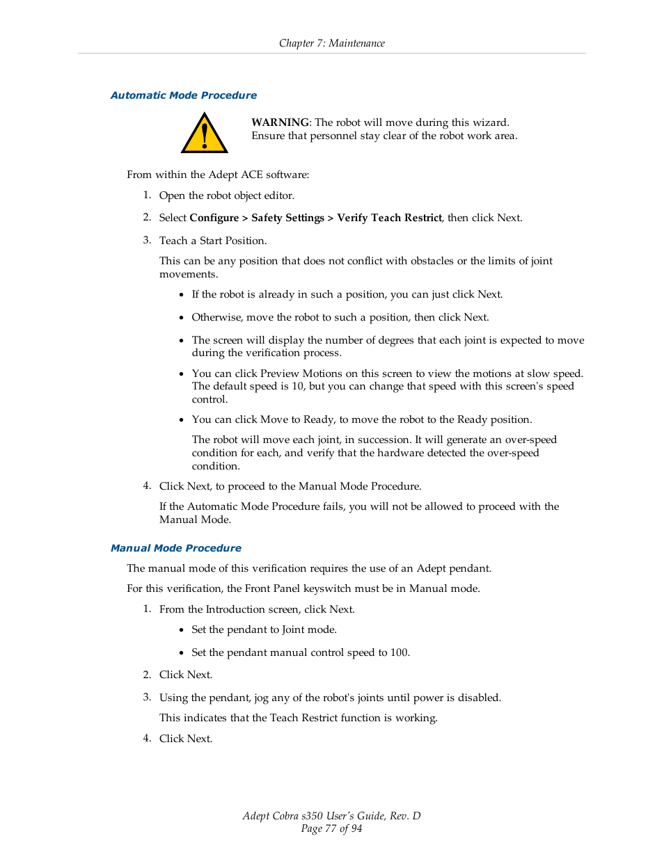 Adept s350 Cobra User Manual | Page 77 / 94