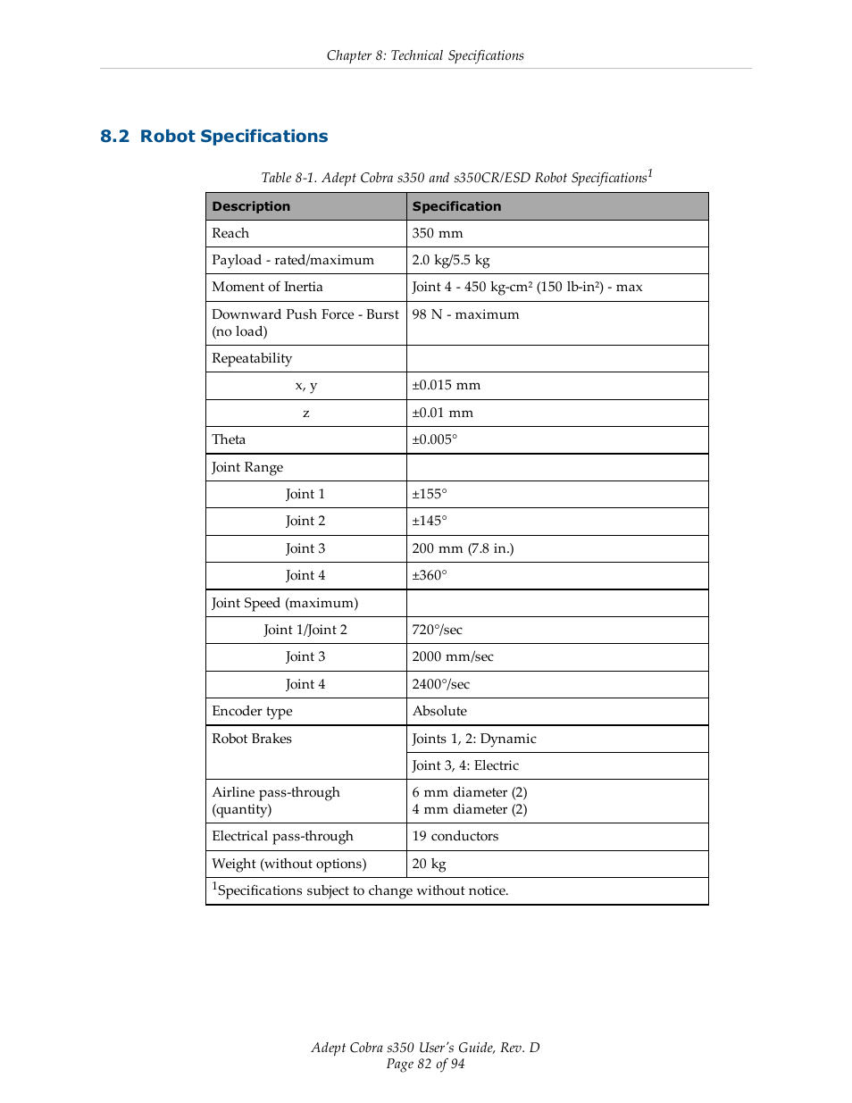 2 robot specifications | Adept s350 Cobra User Manual | Page 82 / 94