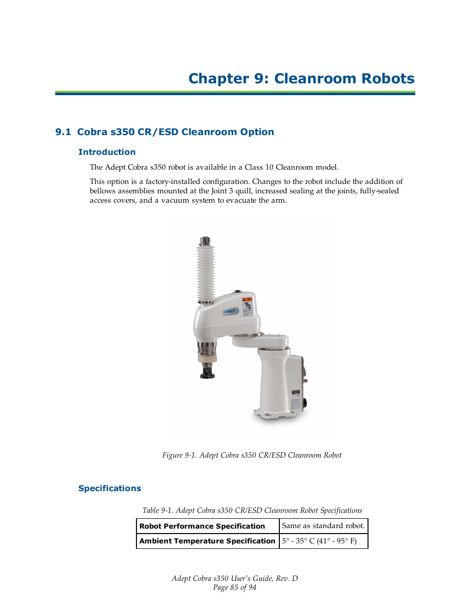Chapter 9: cleanroom robots, 1 cobra s350 cr/esd cleanroom option, Introduction | Specifications | Adept s350 Cobra User Manual | Page 85 / 94