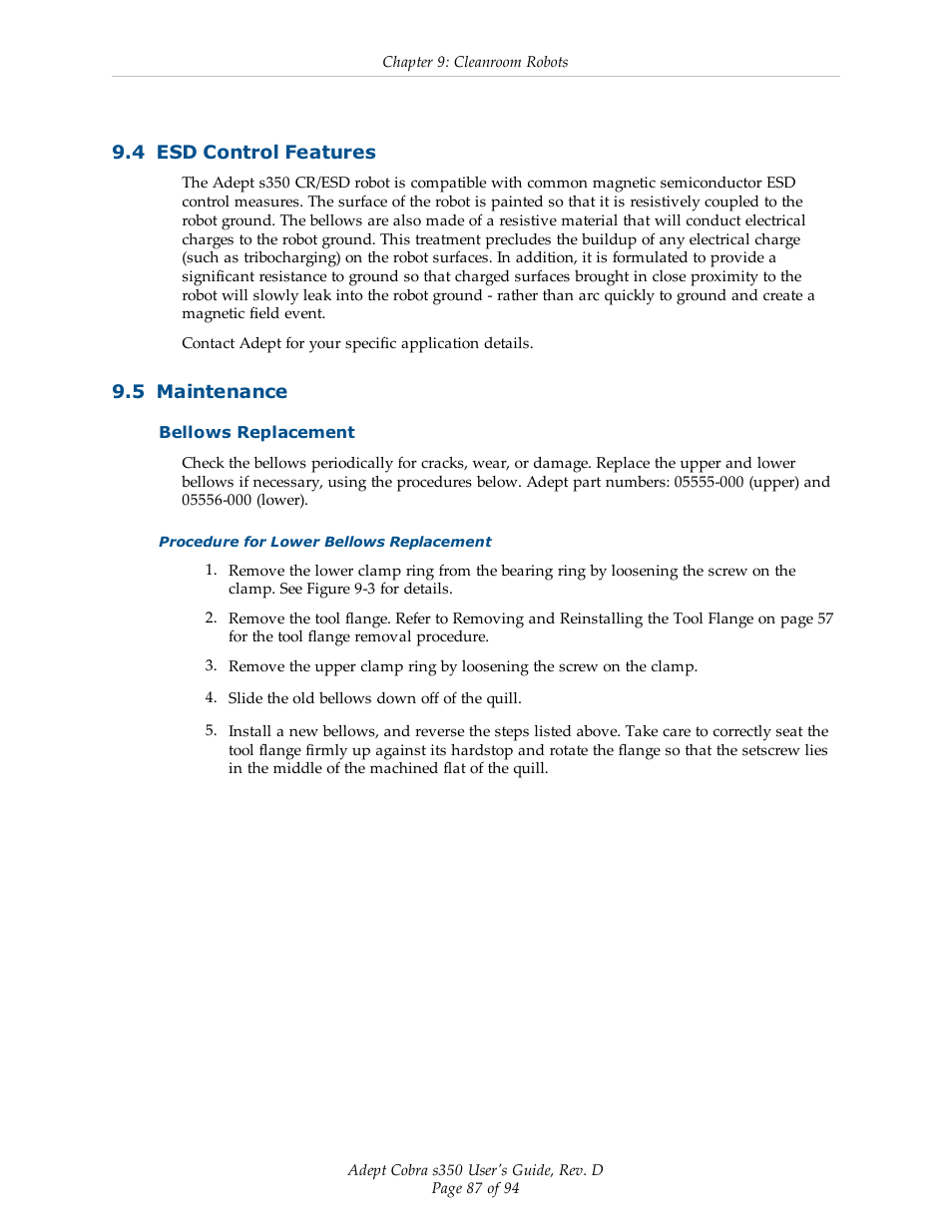 4 esd control features, 5 maintenance, Bellows replacement | Adept s350 Cobra User Manual | Page 87 / 94