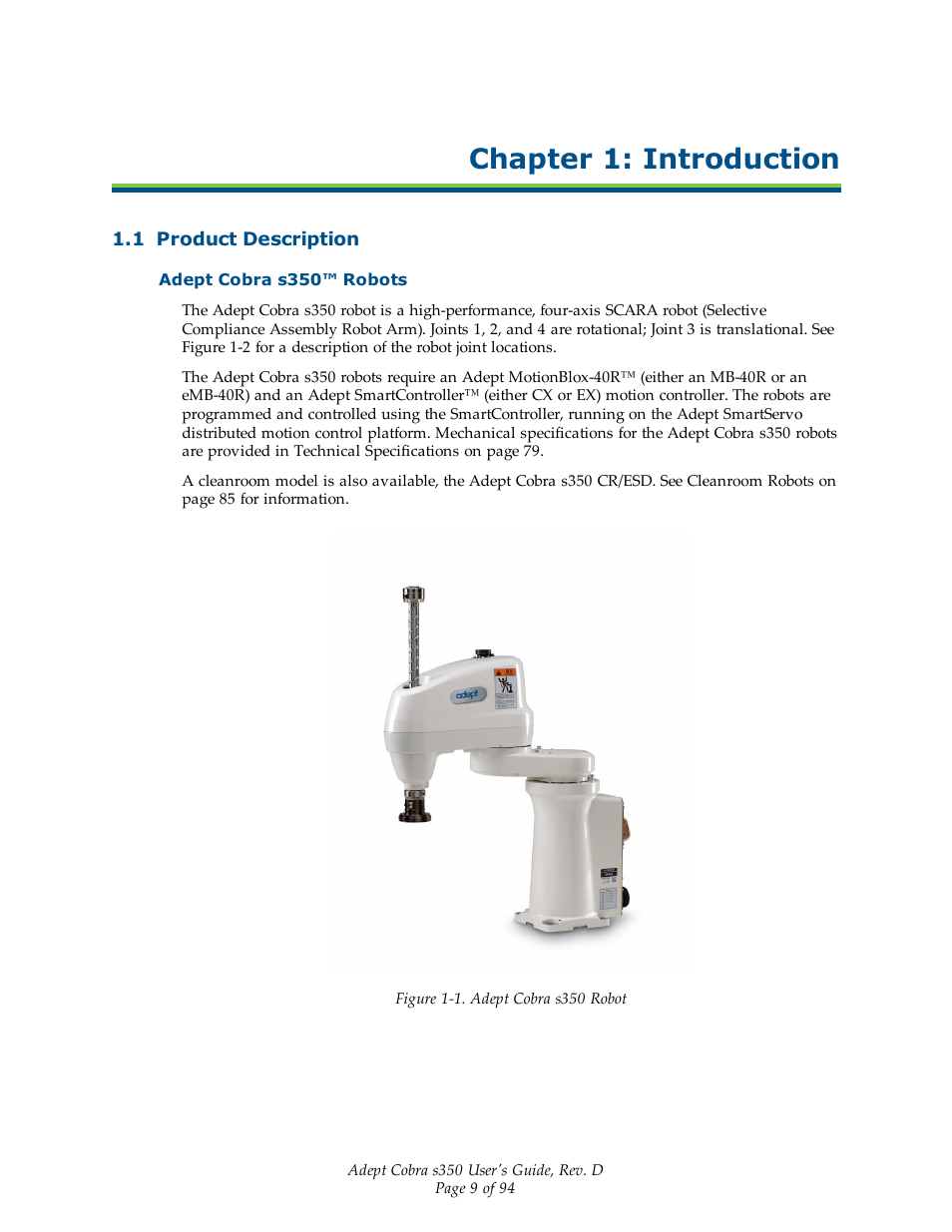 Chapter 1: introduction, 1 product description, Adept cobra s350™ robots | Adept s350 Cobra User Manual | Page 9 / 94