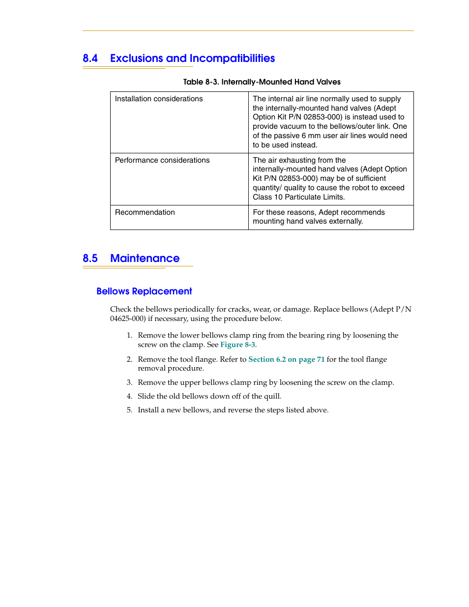 4 exclusions and incompatibilities, 5 maintenance, Bellows replacement | 4 exclusions and incompatibilities 8.5 maintenance | Adept i600 Cobra User Manual | Page 103 / 110
