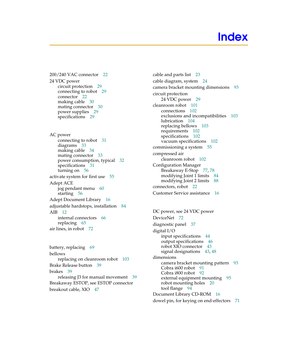 Index | Adept i600 Cobra User Manual | Page 105 / 110