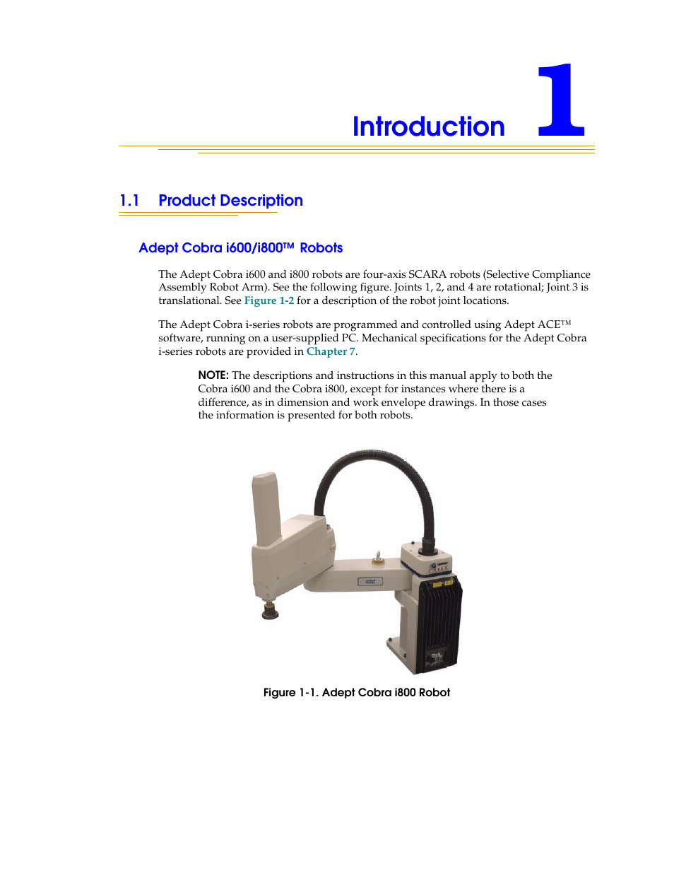 Introduction, 1 product description, Adept cobra i600/i800™ robots | Figure 1-1, Adept cobra i800 robot | Adept i600 Cobra User Manual | Page 11 / 110