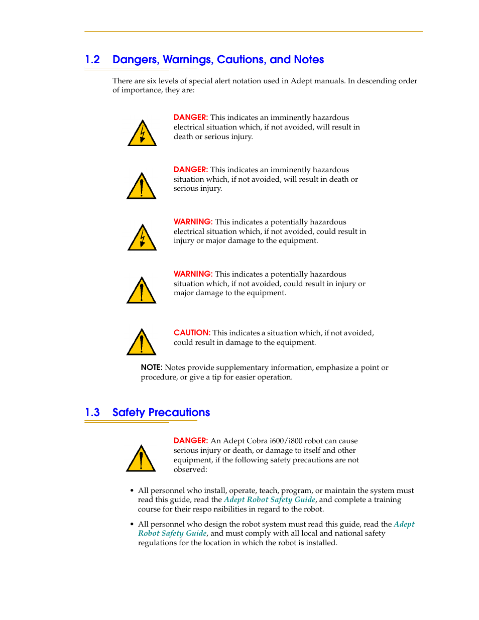 2 dangers, warnings, cautions, and notes, 3 safety precautions | Adept i600 Cobra User Manual | Page 13 / 110