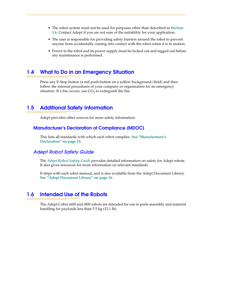4 what to do in an emergency situation, 5 additional safety information, Manufacturer’s declaration of compliance (mdoc) | Adept robot safety guide, 6 intended use of the robots | Adept i600 Cobra User Manual | Page 14 / 110