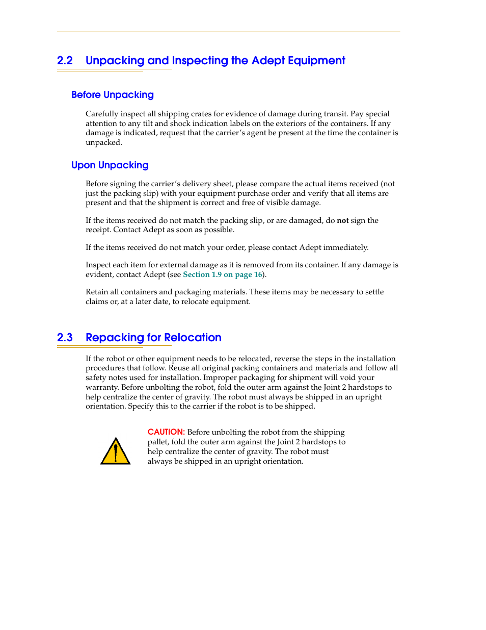 2 unpacking and inspecting the adept equipment, Before unpacking, Upon unpacking | 3 repacking for relocation | Adept i600 Cobra User Manual | Page 18 / 110