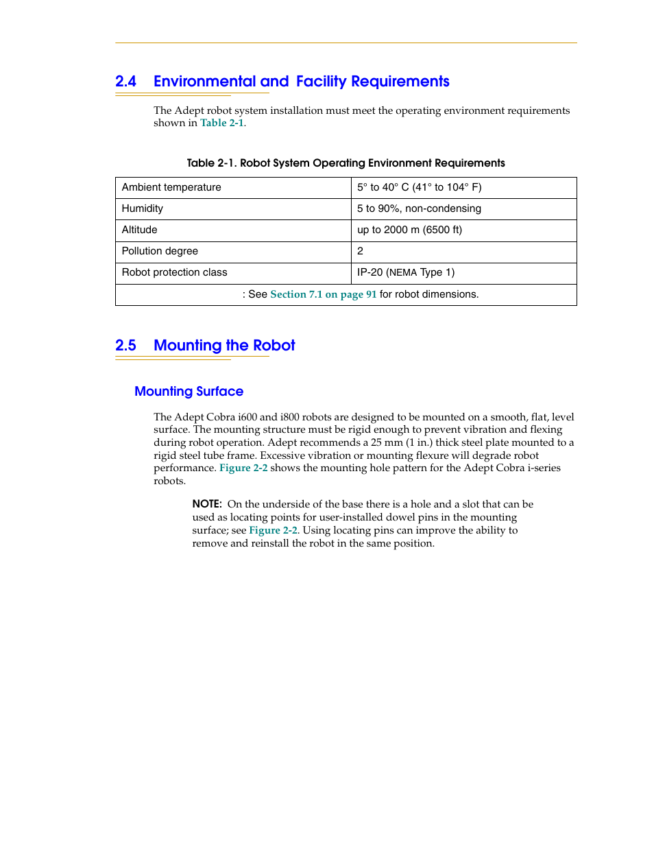 4 environmental and facility requirements, 5 mounting the robot, Mounting surface | Adept i600 Cobra User Manual | Page 19 / 110