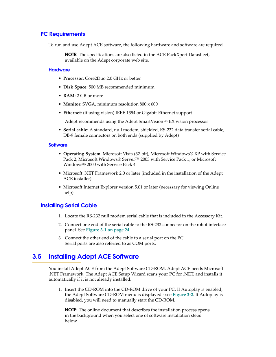 Pc requirements, Hardware, Software | Installing serial cable, 5 installing adept ace software | Adept i600 Cobra User Manual | Page 26 / 110