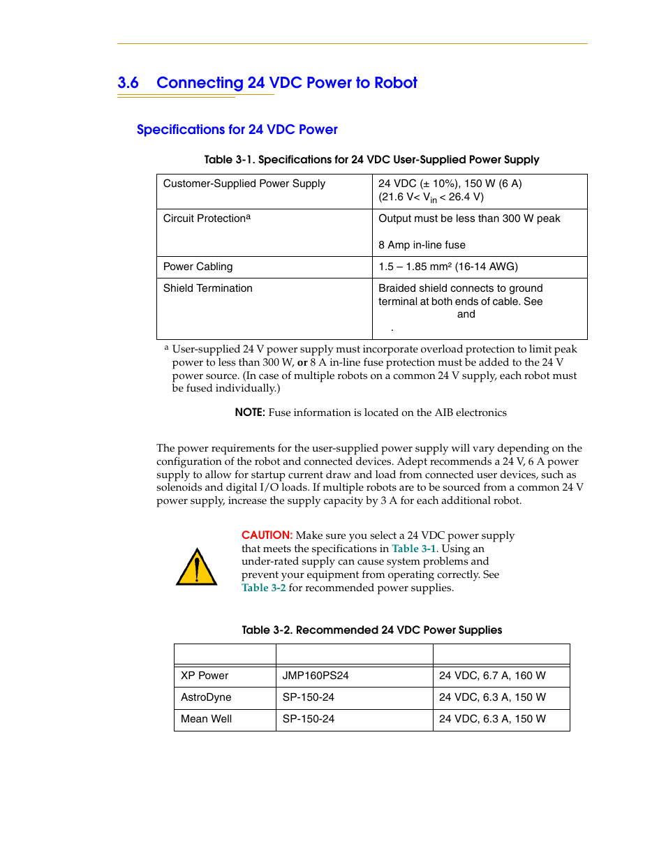 6 connecting 24 vdc power to robot, Specifications for 24 vdc power | Adept i600 Cobra User Manual | Page 29 / 110