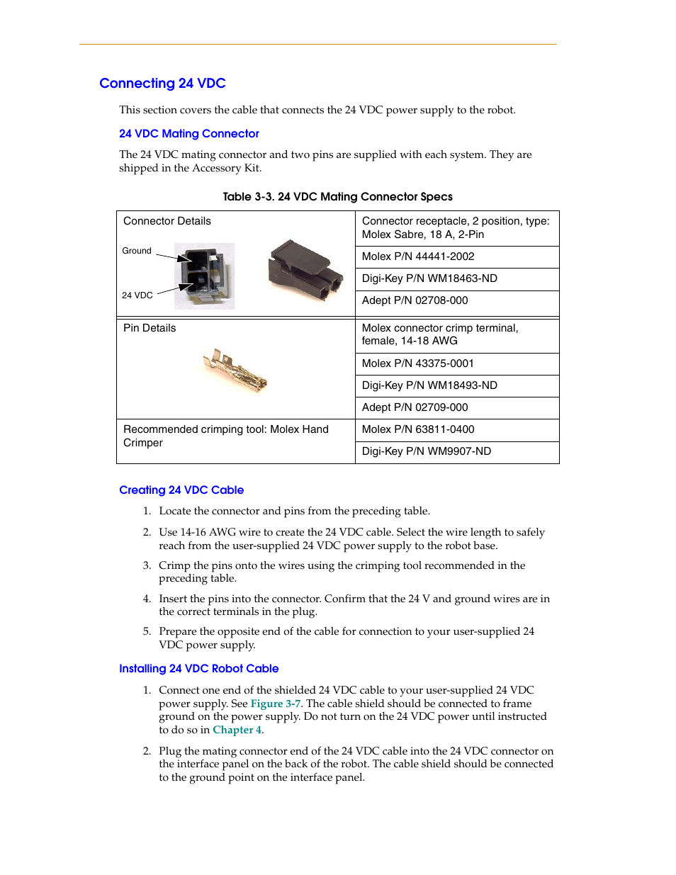 Connecting 24 vdc, 24 vdc mating connector, Creating 24 vdc cable | Installing 24 vdc robot cable | Adept i600 Cobra User Manual | Page 30 / 110