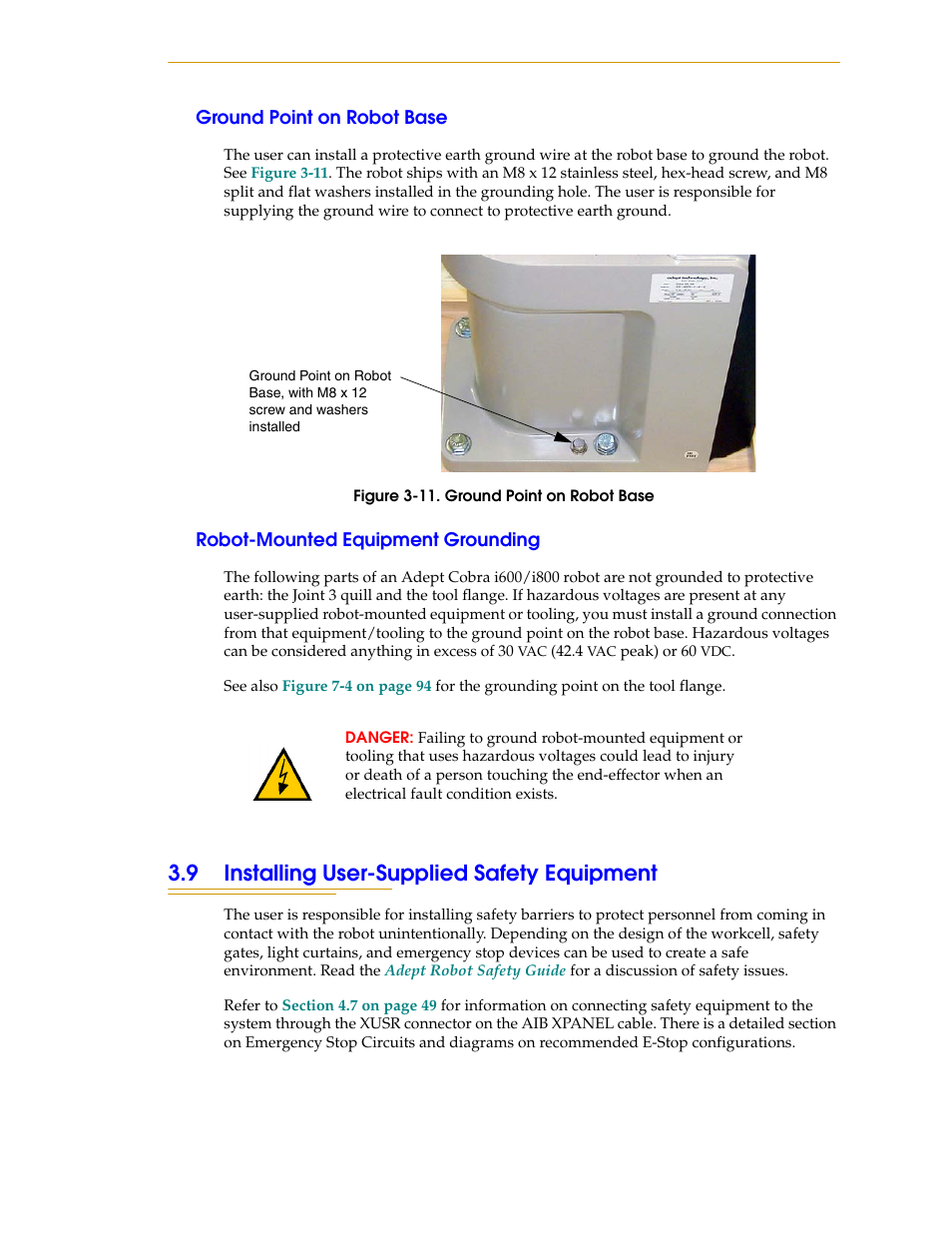 Ground point on robot base, Robot-mounted equipment grounding, 9 installing user-supplied safety equipment | Figure 3-11. ground point on robot base | Adept i600 Cobra User Manual | Page 35 / 110