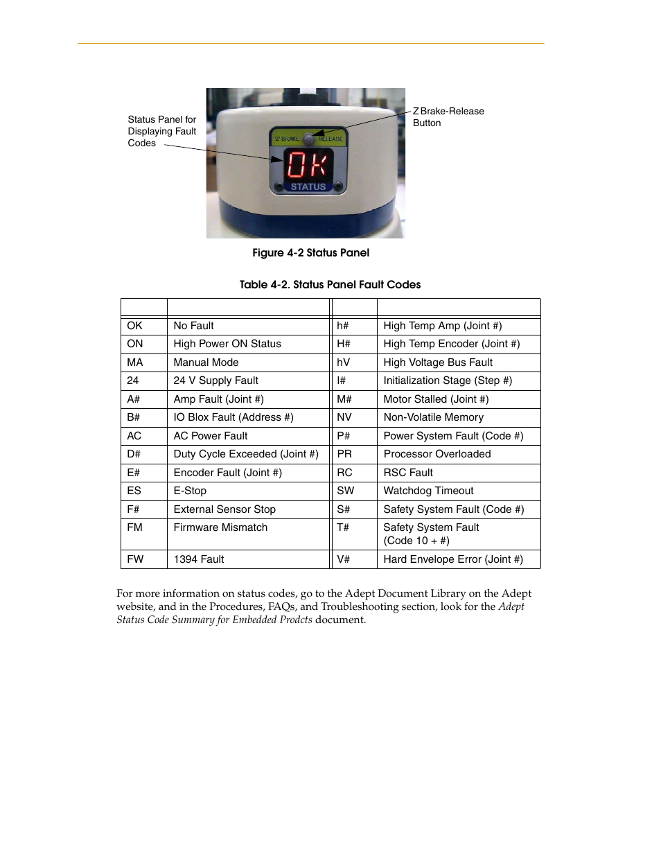 Figure 4-2, Status panel, Table 4-2 | Gives definitions of | Adept i600 Cobra User Manual | Page 38 / 110