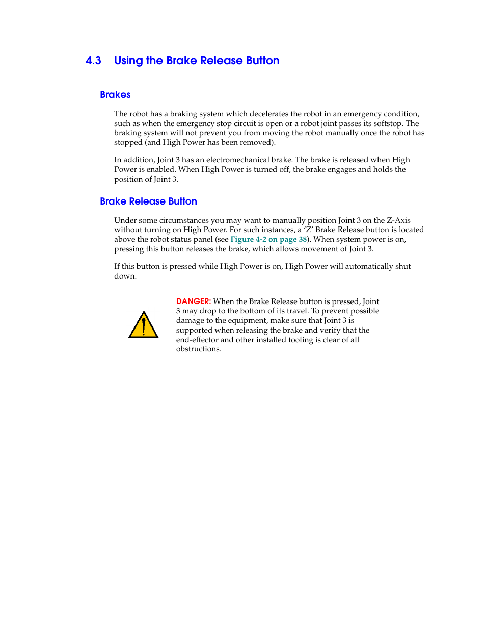 3 using the brake release button, Brakes, Brake release button | Adept i600 Cobra User Manual | Page 39 / 110
